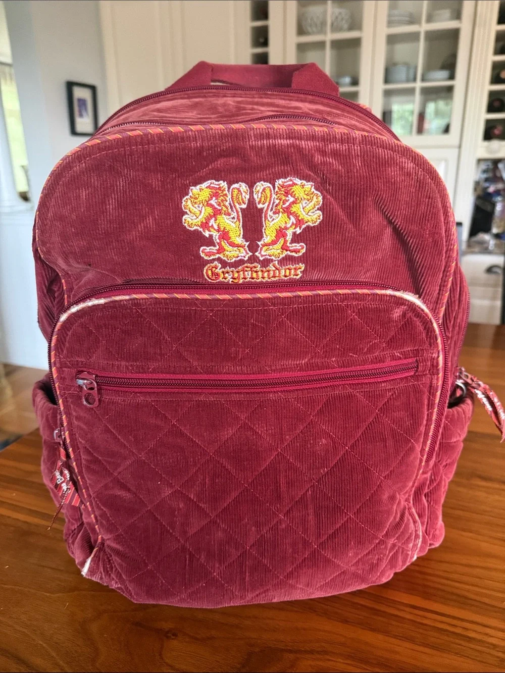 Vera Bradley Quilted Corduroy Backpack in Burgundy with Gryffindor Crest